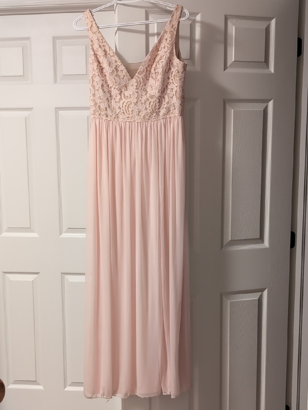 David's Bridal Lace Bodice Chiffon Maxi Dress in Blush Pink